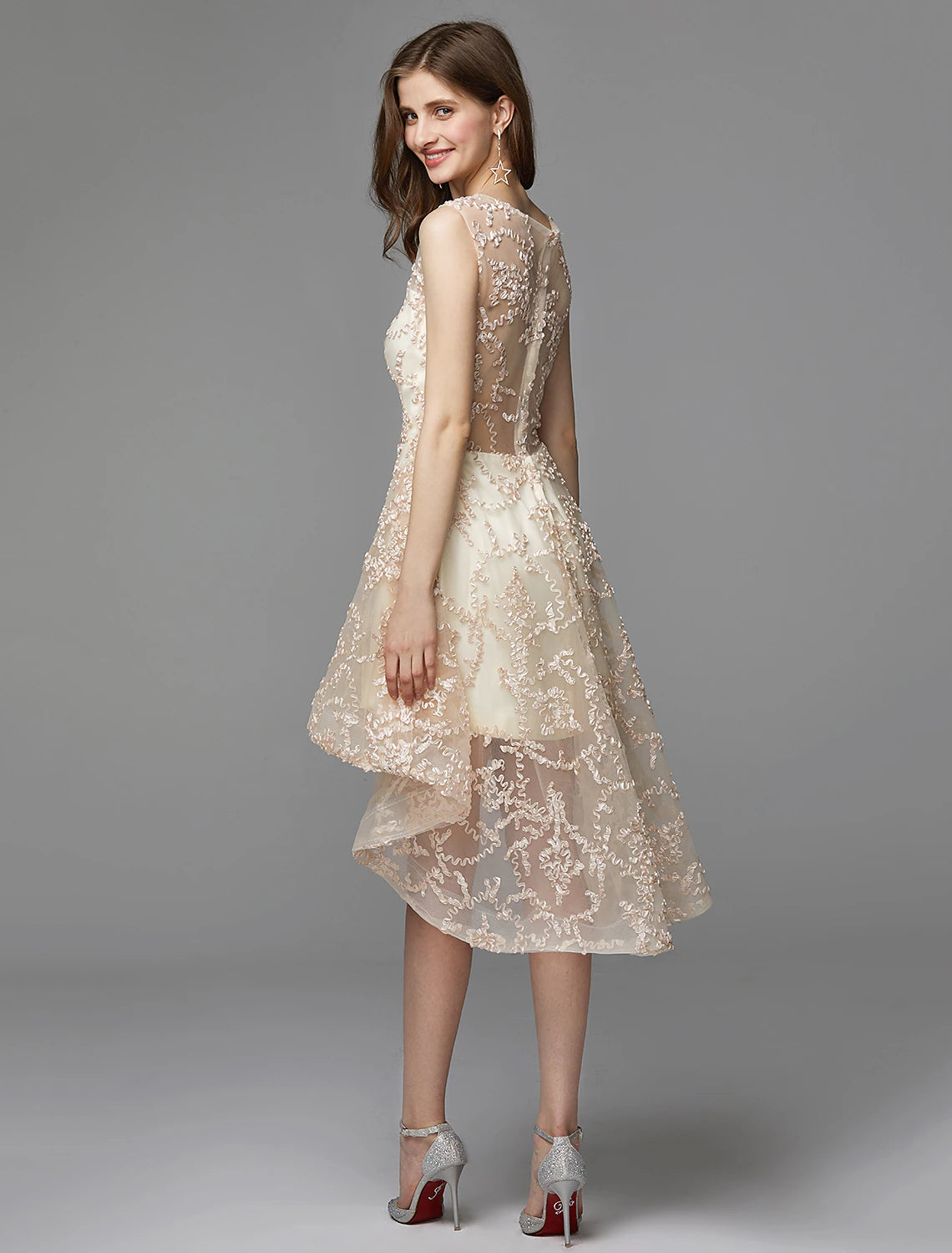 Wholesale A-Line Hot Dress Wedding Guest Asymmetrical Sleeveless Illusion Neck Tulle with Appliques